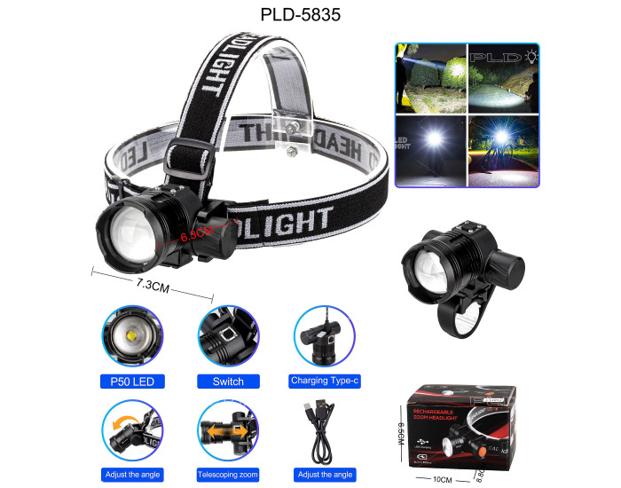 Фонарик налобный PLD-5835-P50, велокрепление, Li-Ion аккумулятор, Type-C, zoom