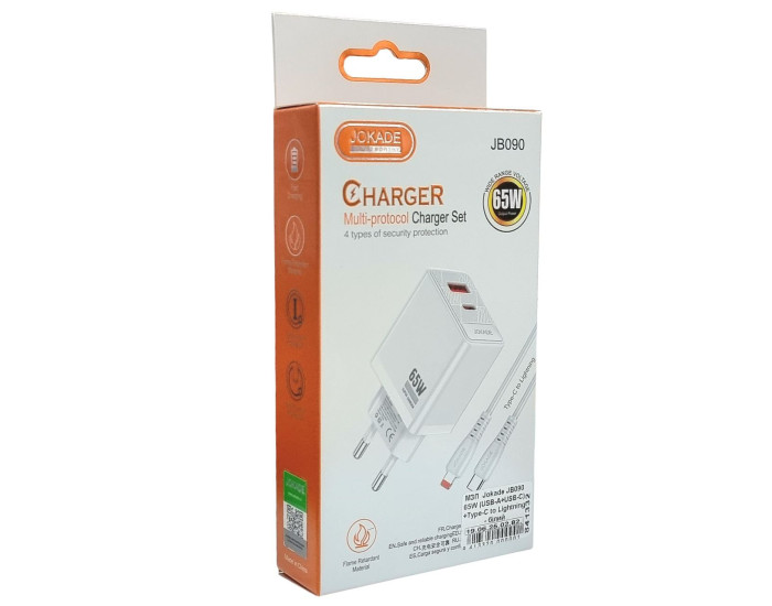 Мережеве зарядний пристрій Jokade JB090 CHAOAN 65W (USB-A+USB-C) з кабелем (Type-C-Lightning) Білий