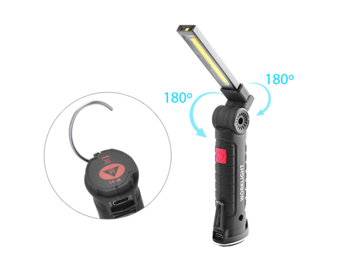 Фонарик WORKLIGHT W51-SMD+COB, Li-Ion акум, поворот180º+180º, магнит, зажим, крюк, microUSB (White+red)