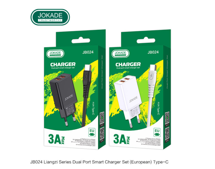 Сетевое зарядное устройство Jokade JB024 Liangzi (3A/2USB-A) с кабелем Type-C Белый