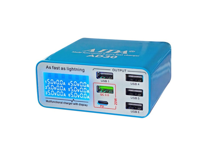Зарядний пристрій Aida AD30 (5 USB/1 Type-C, Fast Charge 3.0, 40W)
