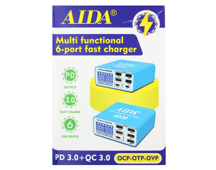 Зарядний пристрій Aida AD30 (5 USB/1 Type-C, Fast Charge 3.0, 40W)