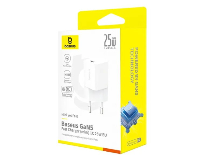 Мережеве зарядний пристрій Baseus GaN5 Fast Charger (mini) 1C 25W з кабелем Type-C to Type-C (P10110909213) (White)