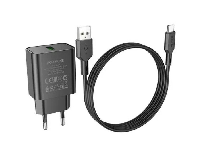 Мережеве зарядний пристрій Borofone BA72A Spring 18W/QC3.0/1USB + Cable Type-C чорний