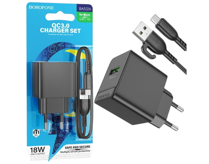 Мережеве зарядний пристрій Borofone BAS12A Erudite single port 18W/QC3.0/1USB + Micro чорний