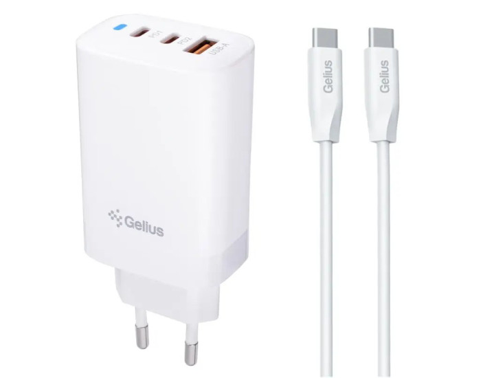 Мережеве зарядний пристрій Gelius Elevaro GP-HC065 65W USB+2Type-C (QC/PD/PPS) з кабелем Type-C to Type-C White