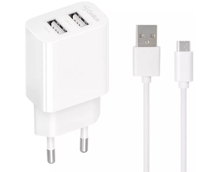 Мережеве зарядний пристрій Wall charger Gelius Merge (GP-HC059) 2 USB+ cable Micro USB White