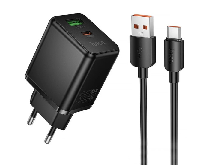 Мережеве зарядний пристрій Hoco C157A Smart (PD30W+QC3.0, 1USB-A/1C) Black