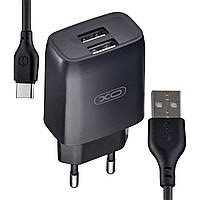 Мережеве зарядний пристрій XO L37 (2USB/2.1A) з кабелем Type-C Black