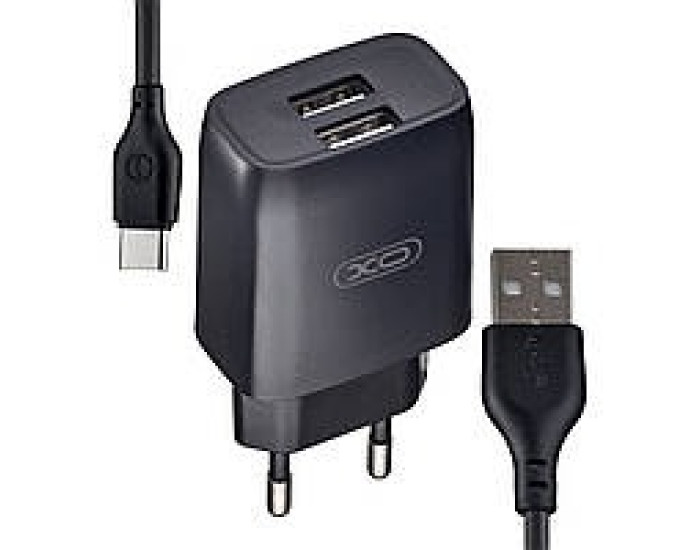 Мережеве зарядний пристрій XO L37 (2USB/2.1A) з кабелем Type-C Black