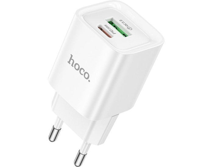 Мережеве зарядний пристрій Hoco C147A Charm (1USB-C/1USB-A) (PD20W/QC3.0/3A) (Білий / White)