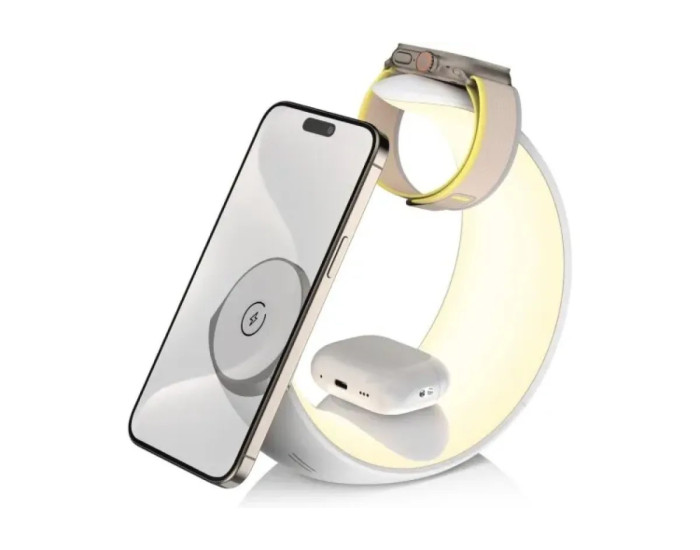 Беспроводная зарядка 4 IN1 Moon MAGSAFE (iPhone, iWatch, AirPods,Night light) 15W FAST ORIGINAL White