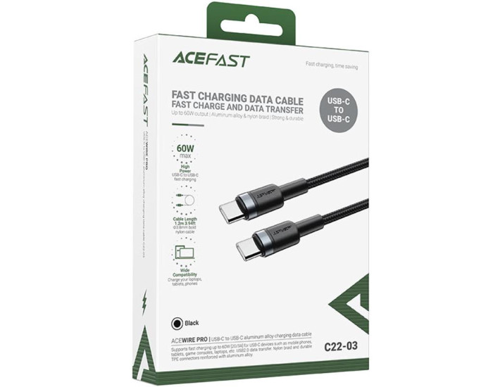 Кабель USB-C Acefast C22-03 Data Cable Type-C to Type-C (60W/1.2m) чорний