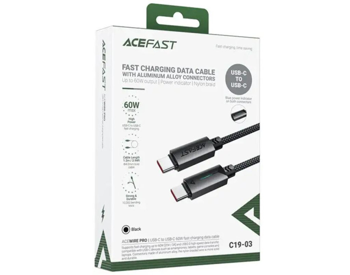 Кабель USB-C Acefast C19-03 Data Cable Type-C to Type-C (60W/1.2m) чорний