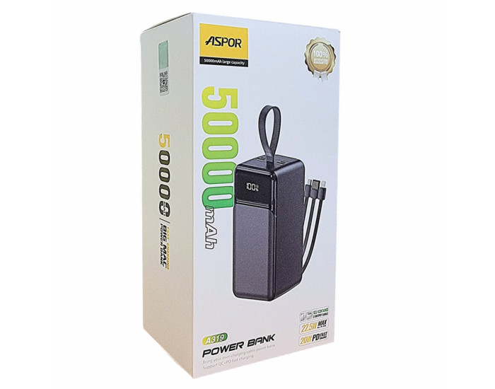 Портативная батарея (Power Bank) Aspor A319 50000mAh Fast Charge (QC+PD 22.5W) черный
