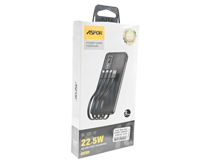 Портативная батарея (Power Bank) AsporA300PD (22.5W/QC 3.0/PD) (cable USB/ Micro/ Lightning/ Type-C) 10000mAh, черный