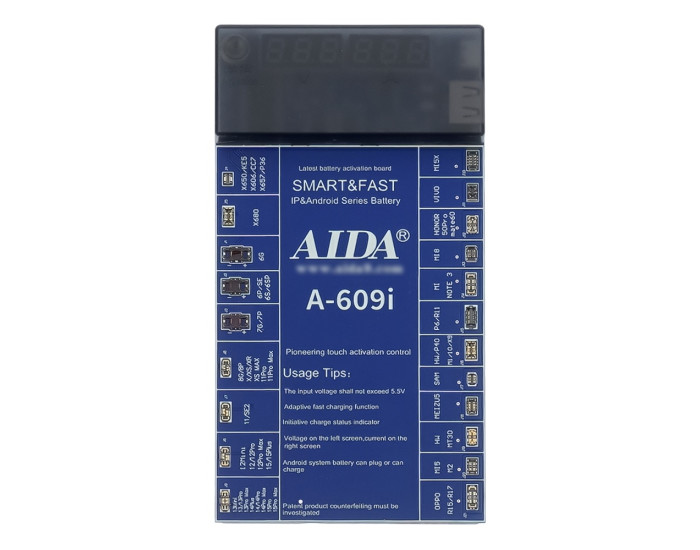 Активатор акумуляторів AIDA A-609i з цифр.инд.(6G -15 Pro Max, HUA, OPPO, VIVO, MI, SAM, ZTE; Кабелі Type-C/ USB A/ штеккери БП)