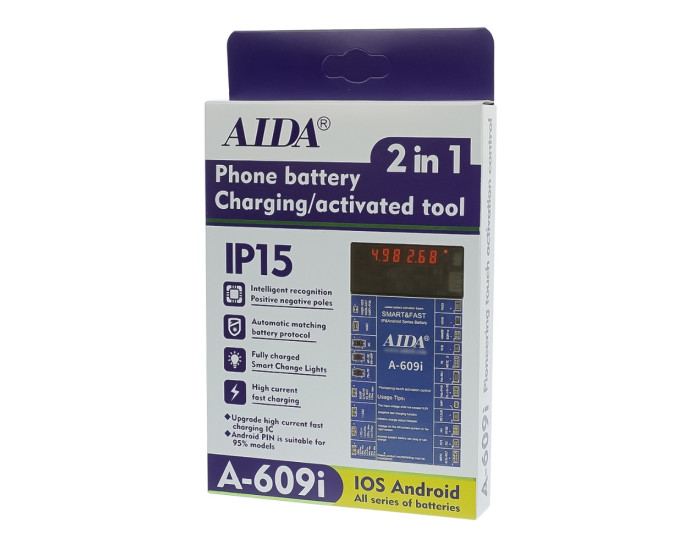 Активатор акумуляторів AIDA A-609i з цифр.инд.(6G -15 Pro Max, HUA, OPPO, VIVO, MI, SAM, ZTE; Кабелі Type-C/ USB A/ штеккери БП)
