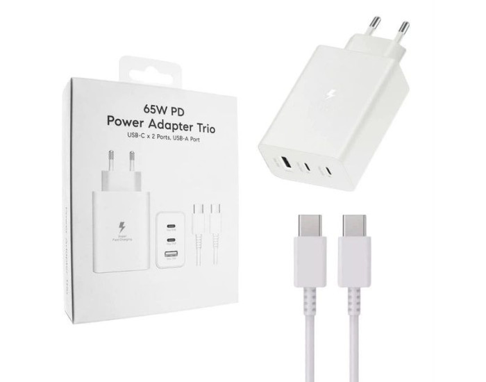 Сетевое зарядное устройство Samsung 65W PD (2 USB-C+USB-A) с кабелем Type-C to Type-C (No Logo) Белый