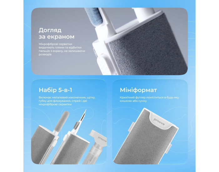 Чистящий набор для наушников и экранов Proove Mr. Cleaner 5 in 1 с распылителем и щетками