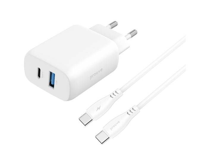 Сетевое зарядное устройство Proove Silicone Power 2 30W (Type-C + USB) + Cable Type-C to Type-C (1m) (Белый  White)