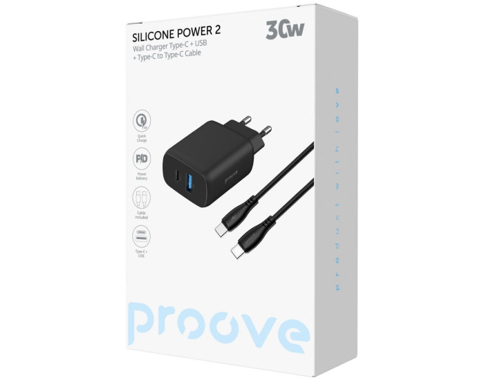Сетевое зарядное устройство Proove Silicone Power 2 30W (Type-C + USB) + Cable Type-C to Type-C (1m) (Белый  White)