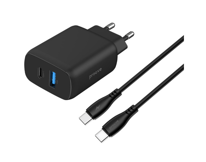Сетевое зарядное устройство Proove Silicone Power 2 30W (Type-C + USB) + Cable Type-C to Type-C (1m) (Черный  Black)