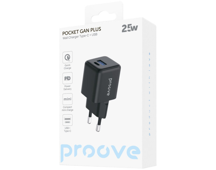 Мережеве зарядний пристрій Proove Pocket GaN Plus 25W (Type-C + USB) (Чорний  Black)
