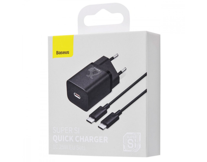 Мережеве зарядний пристрій Baseus Super Silicone Quick Charger 25W з кабелем Type-C to Type-C (3A/ 1m) (TZCCSUP-L01) чорний