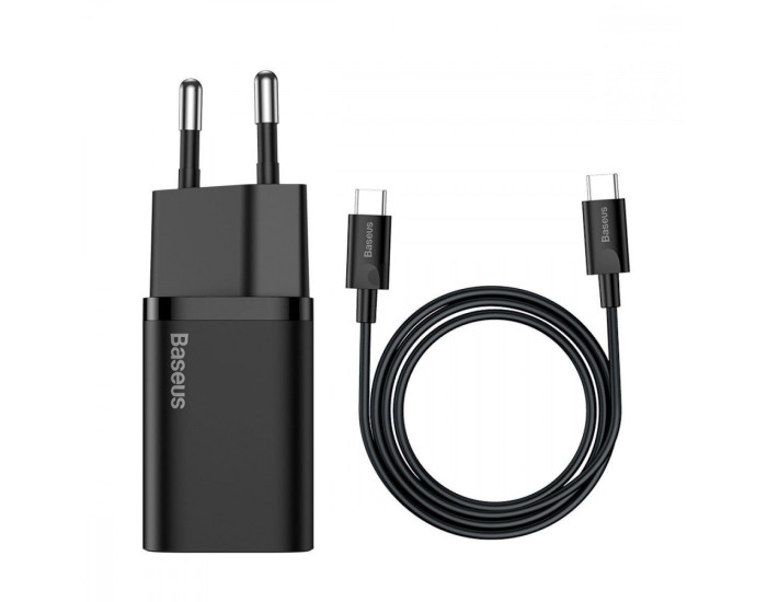 Мережеве зарядний пристрій Baseus Super Silicone Quick Charger 25W з кабелем Type-C to Type-C (3A/ 1m) (TZCCSUP-L01) чорний
