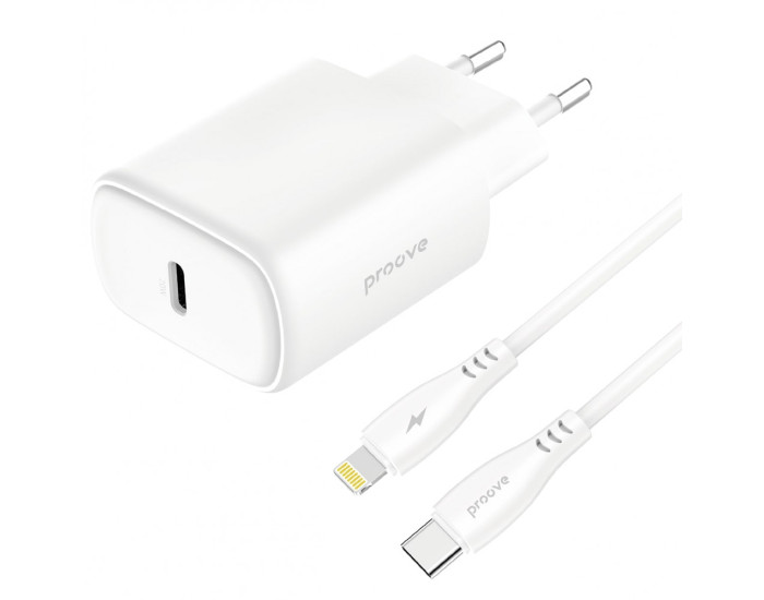 Сетевое зарядное устройство Proove Silicone Power 2 20W (Type-C) + Cable Type-C to Lightning (1m) (Белый  White)