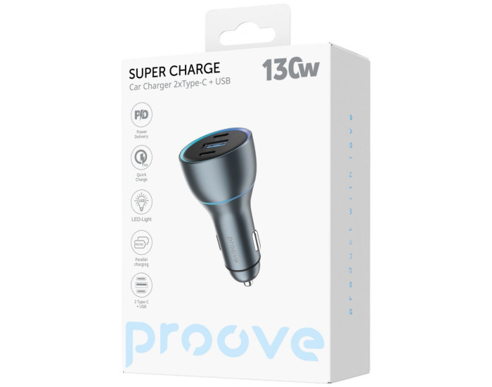 Автомобільне зарядний пристрій Proove Super Charge 130W 2 TYPE-C + USB Gray