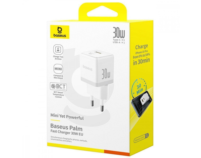 Мережеве зарядний пристрій Baseus Palm Type-C + USB 30W (P1011160A213-00) White