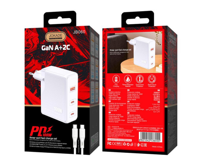 Сетевое зарядное устройство Jokade JB060 (1USB/2USB-C/PD100W) с кабелем (Type-C-Type-C) белый