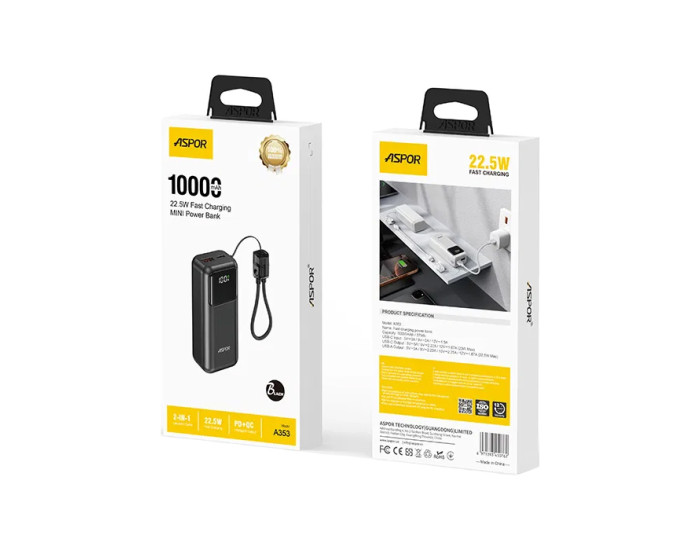 Портативная батарея (Power Bank) Aspor Mini A353 (USB/Type-C/22.5W) 10000mAh, черный