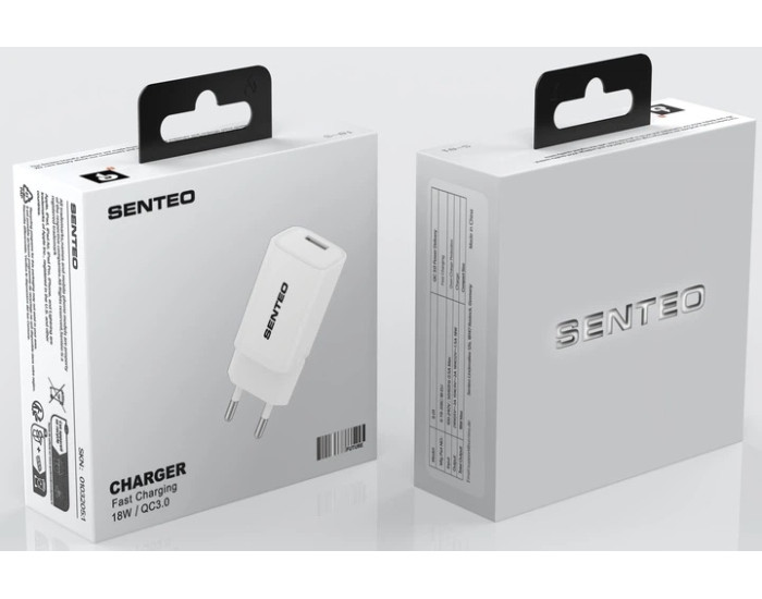 Сетевое зарядное устройство SENTEO S-01 Fast Charging USB-A (18W/QC3.0) (1Port) (Белый  White)