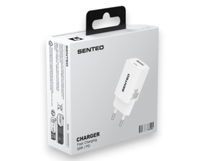 Мережеве зарядний пристрій SENTEO S-04 (USB-A+USB-C) (PD/QC3.0) (18W/30W) (2Port)