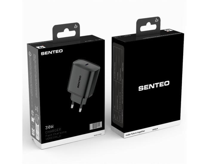 Сетевое зарядное устройство SENTEO T-03 USB-C PD 30W (1Port) (Черный  Black)