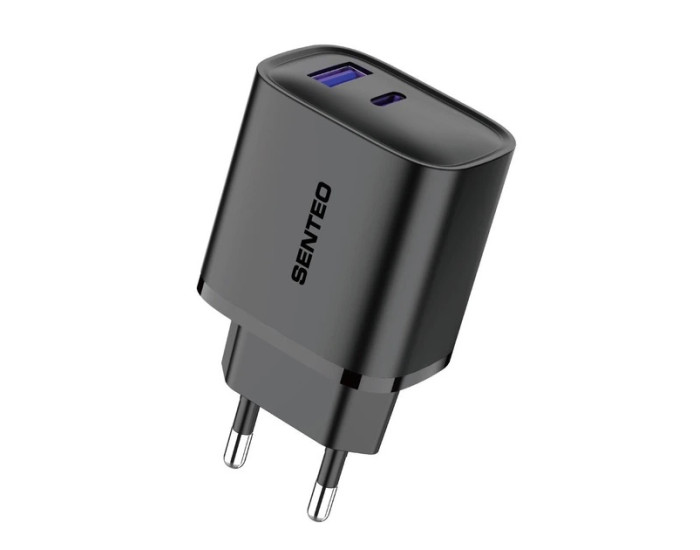 Сетевое зарядное устройство SENTEO T-04 (version2) (USB-A+USB-C) (PD/QC3.0) (18W/25W) (2Port) (Черный  Black)