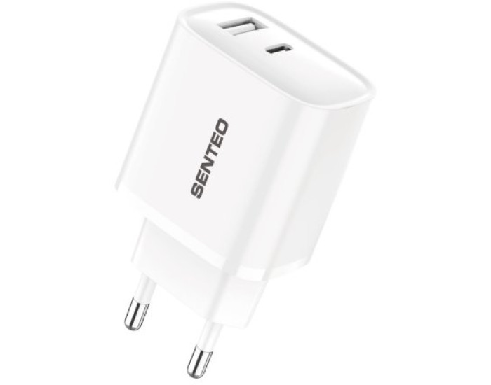 Сетевое зарядное устройство SENTEO T-06 (version2) (USB-A+USB-C) (PD/QC3.0) (18W/45W) (2Port) (Белый  White)