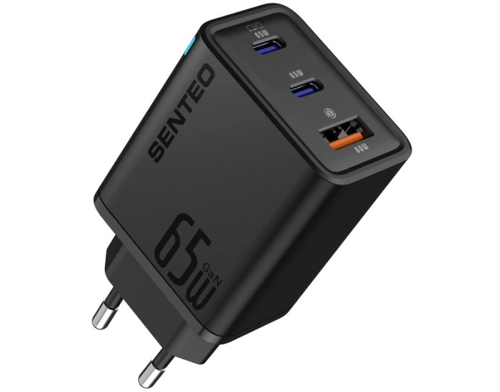 Сетевое зарядное устройство SENTEO Z-14 (USB-A+2USB-C) (PD/GaN/QC3.0) (18W/65W) (3Port) (Черный  Black)