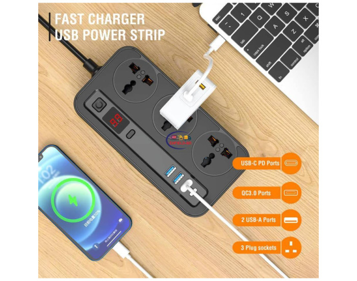Мережевий фільтр Aspor A505 PD (длина-2.0m, 3USB/USB-C, 3A/20W) Black