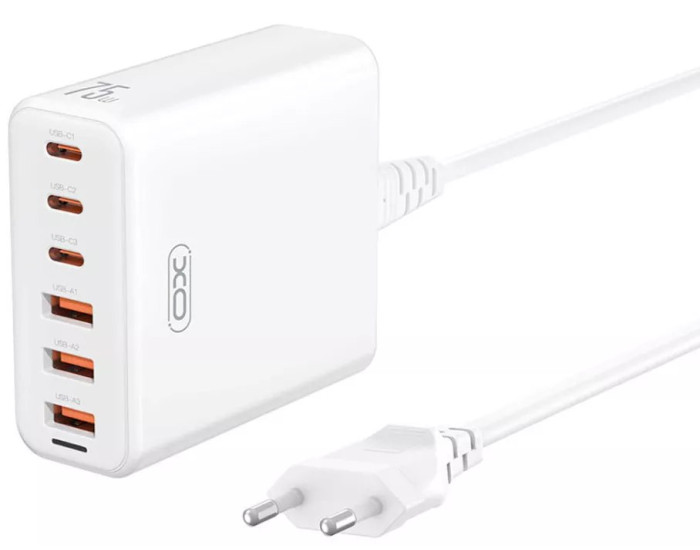 Мережеве зарядний пристрій XO L133 75W GaN (3USB+3C) Desktop Fast Charger with 1.5M Power Cord, White