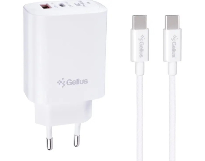 Мережеве зарядний пристрій Gelius Merge GP-HC068 USB+Type-C 45W + cable Type-C to Type-C (QC/PD/PPS) White