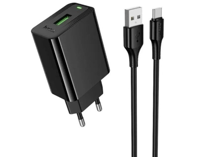 Мережеве зарядний пристрій Hoco CS92A Leader QC3.0 (1USB-A) + Кабель Type-C, Black