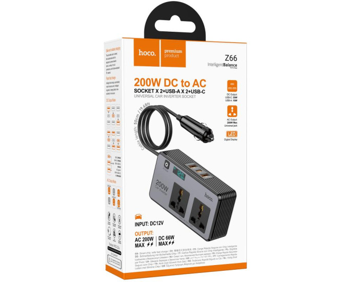 Автомобільний інвертор Hoco Z66 New PD66W+QC3.0 (2USB-A/1C/2xSocket) (0.5m)