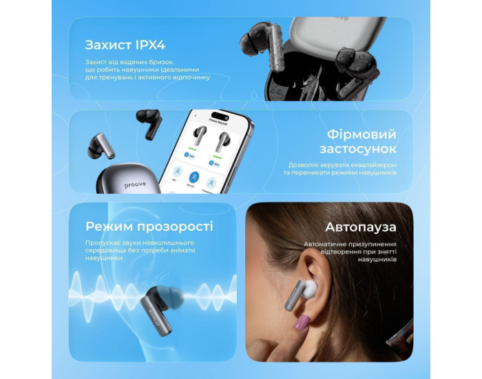Бездротові Hаушники Bluetooth Proove NoLimit TWS with Hybrid ANC (APP) (білий/сріблястий)