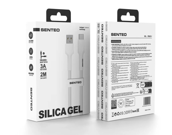 Кабель USB SENTEO SL-03 Silica Gel USB to Type-C (3A/2m) белый
