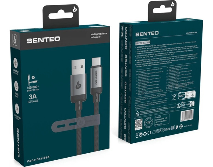 Кабель USB SENTEO SM-06 Nano braided USB to Type-C (3A/1m) чорний