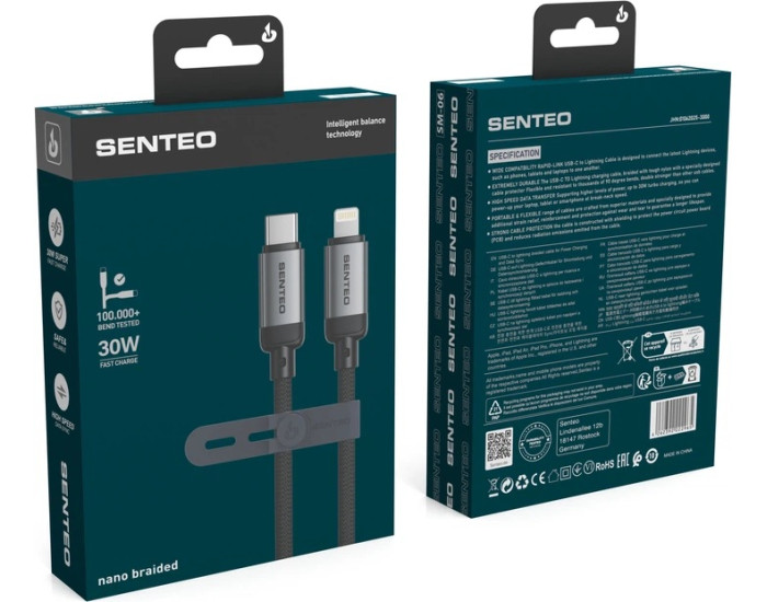 Кабель USB SENTEO SM-06 Nano braided 30W Type-C to Lightning 1m, черный